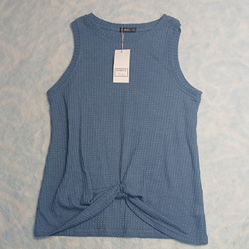 NWT Miholl Sleeveless Solid Blue Twist Knot Waffle Knit Top SZM